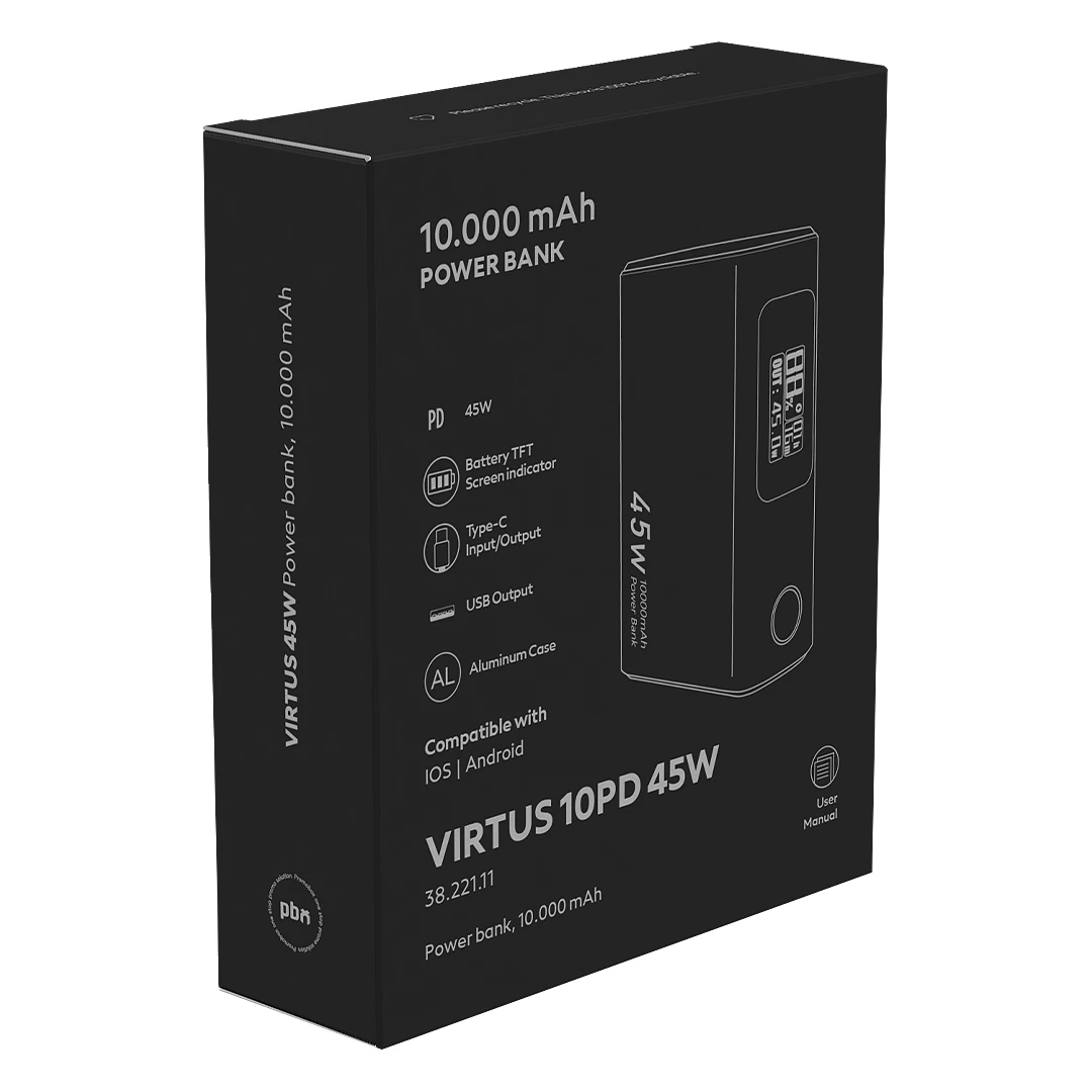 VIRTUS 10PD 45W, pomoćna baterija za laptop, 10.000 mah, 45w, tamno siva