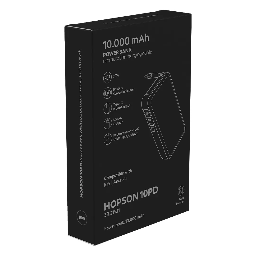 HOPSON 10PD, pomoćna baterija, 10.000 mah, sa kablom na izvlačenje, tamno siva