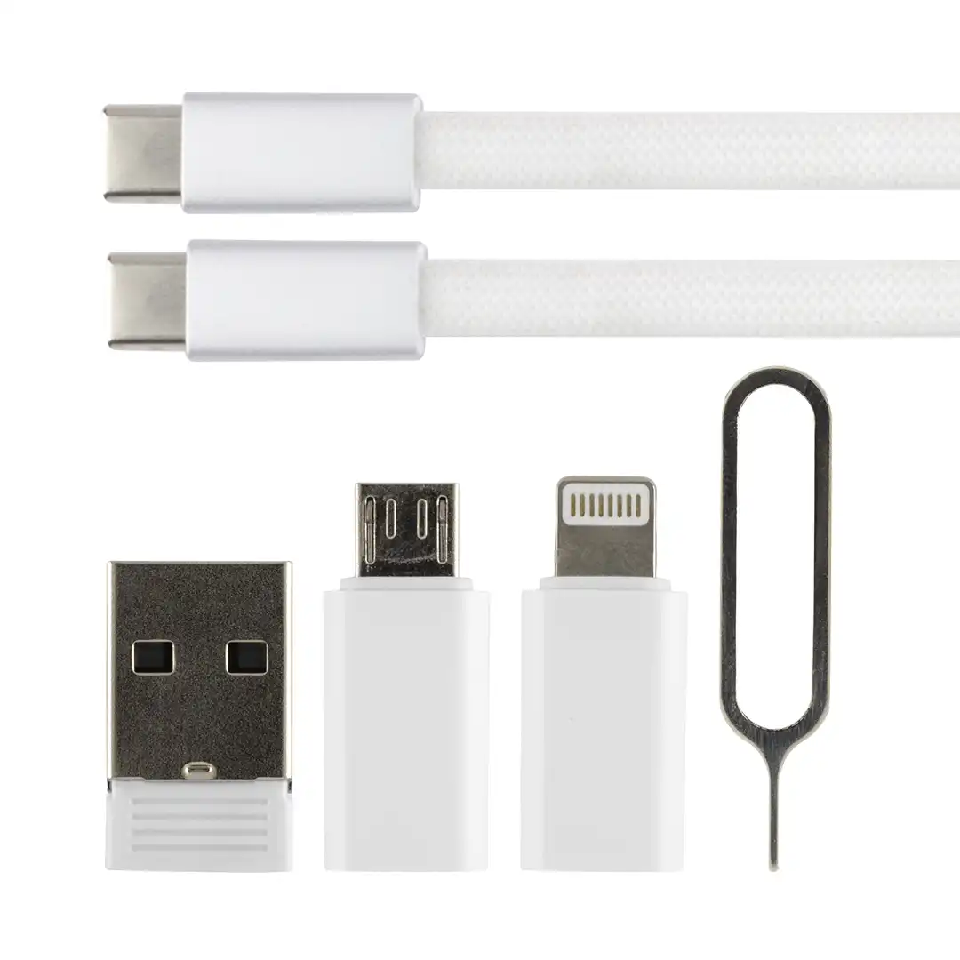 CRUX, plastična kutijica sa usb kablom, adapterima i držačem za mobilne uređaje, 8/1, bela