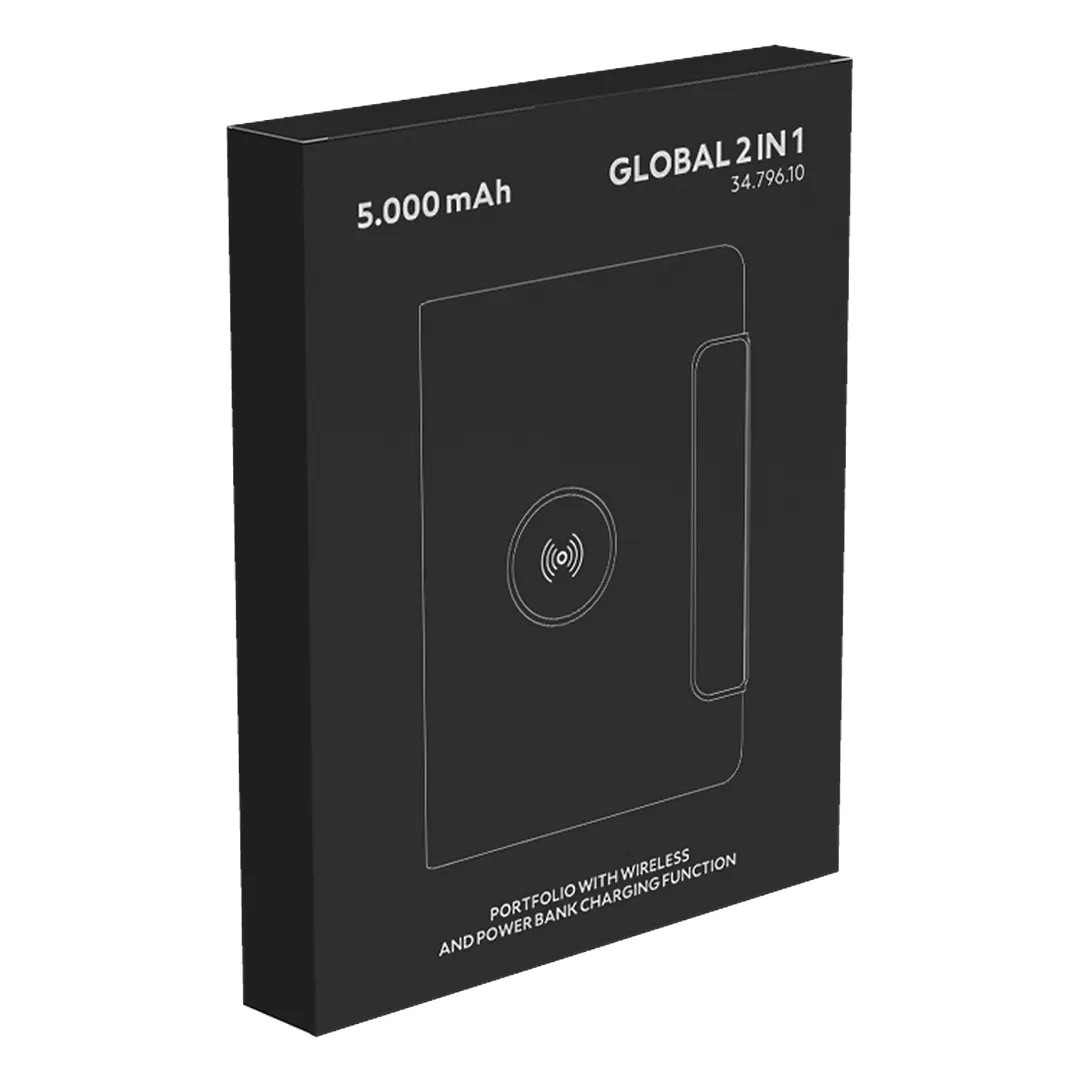 GLOBAL 2IN1, portfolio sa notesom a5, pomoćnom baterijom 5.000 mah, bežičnim punjačem za dva uređaja i magnetom, u poklon kutiji, crni