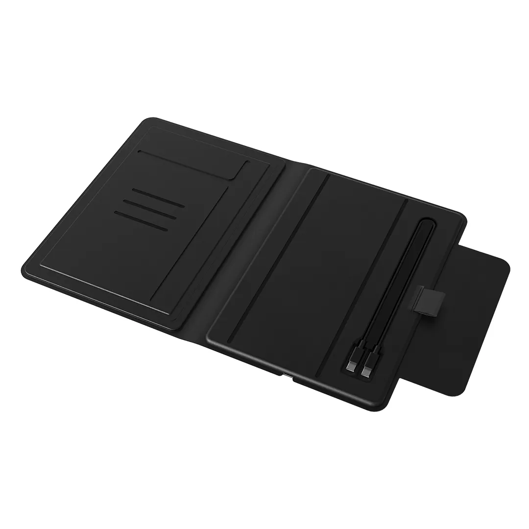 GLOBAL 2IN1, portfolio sa notesom a5, pomoćnom baterijom 5.000 mah, bežičnim punjačem za dva uređaja i magnetom, u poklon kutiji, crni