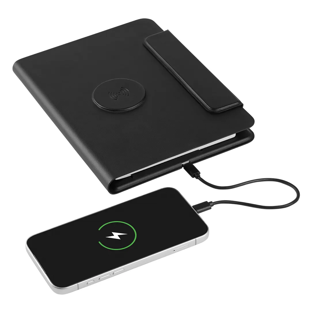 GLOBAL 2IN1, portfolio sa notesom a5, pomoćnom baterijom 5.000 mah, bežičnim punjačem za dva uređaja i magnetom, u poklon kutiji, crni