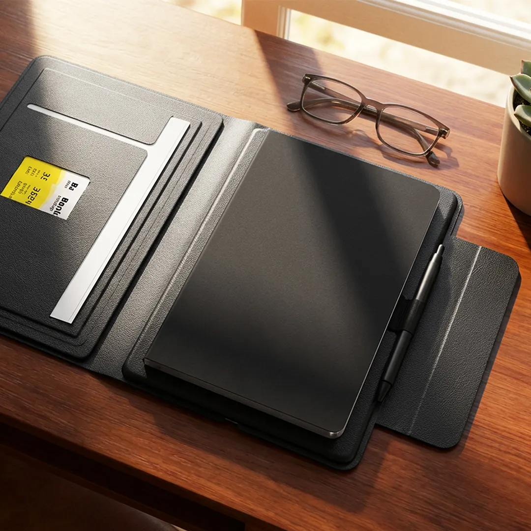 GLOBAL 2IN1, portfolio sa notesom a5, pomoćnom baterijom 5.000 mah, bežičnim punjačem za dva uređaja i magnetom, u poklon kutiji, crni