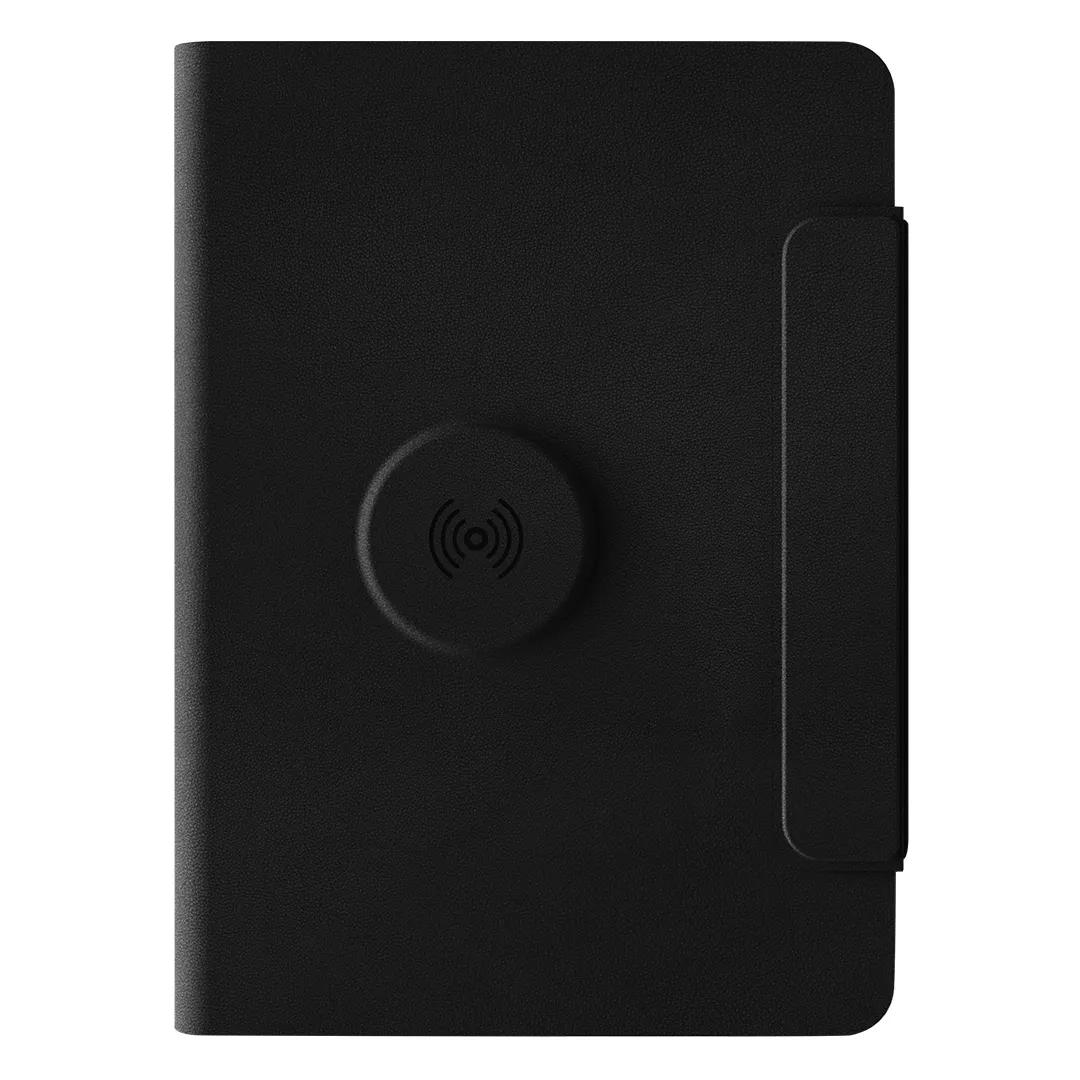 GLOBAL 2IN1, portfolio sa notesom a5, pomoćnom baterijom 5.000 mah, bežičnim punjačem za dva uređaja i magnetom, u poklon kutiji, crni